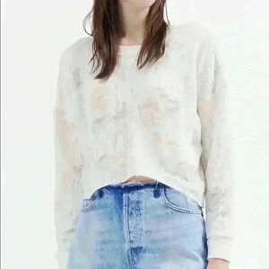 IRO Jeans Sudami Distressed Pullover Crew Neck Cropped Sweater Cream Beige Small